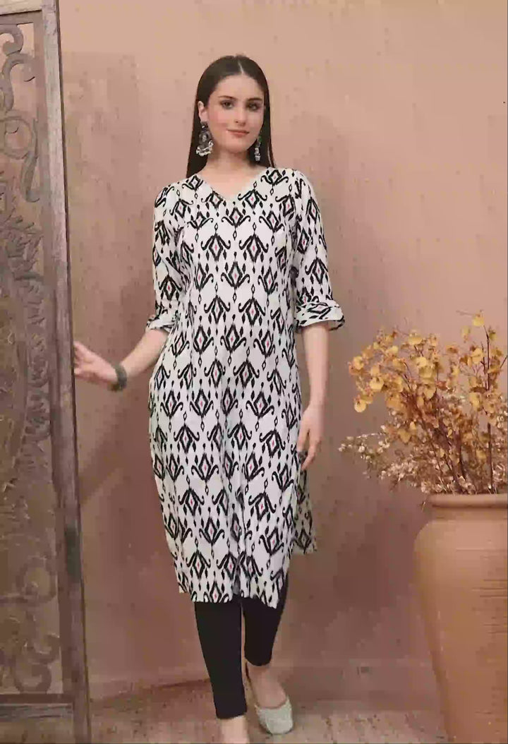 White Printed Cotton Straight Kurta