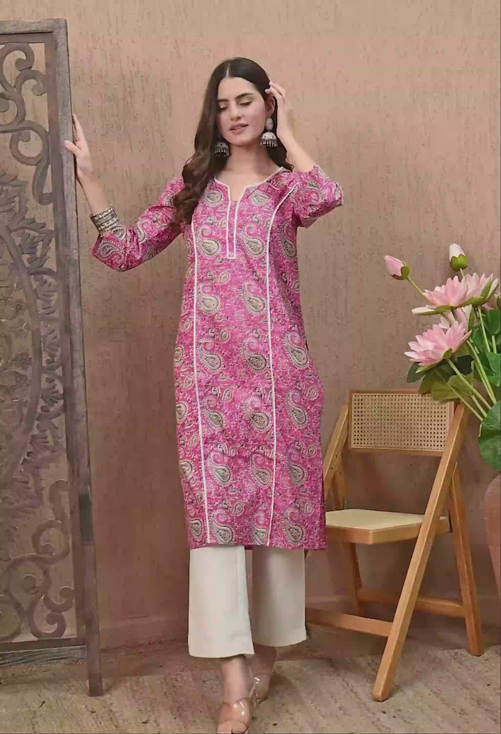 Pink Printed Lace Work Cotton Kurta