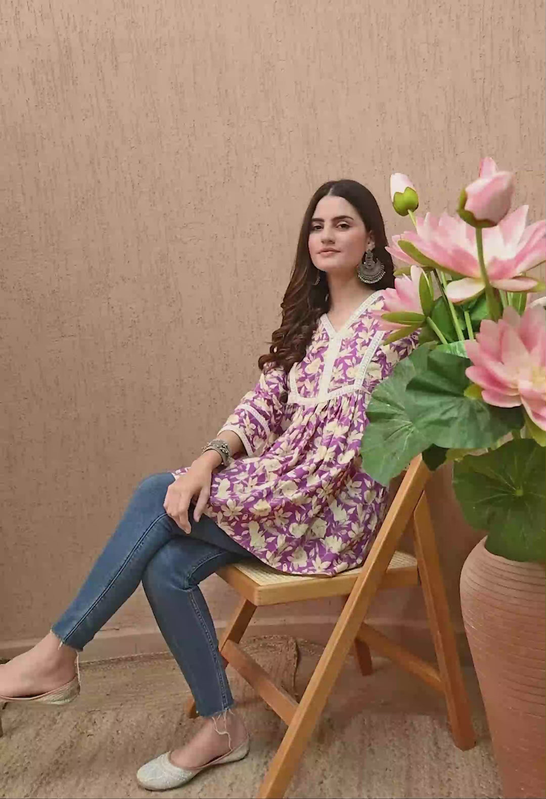 Purple Floral Print Lace Work cotton Top