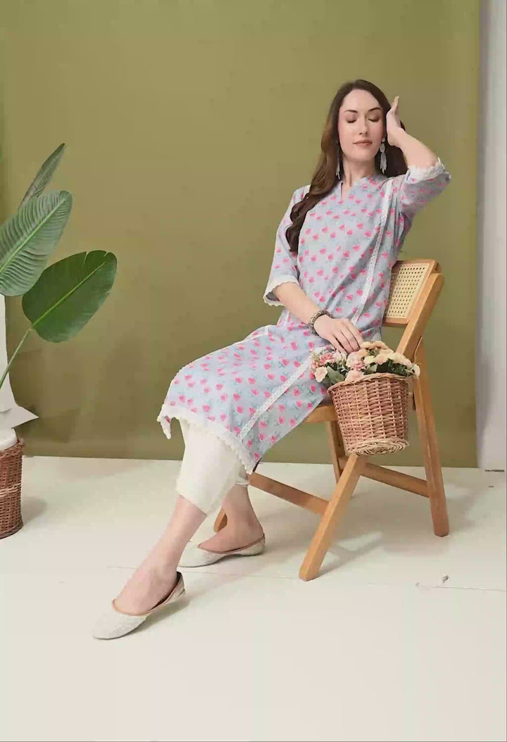 Gray Floral Print Mandarin Neck Cotton Kurta