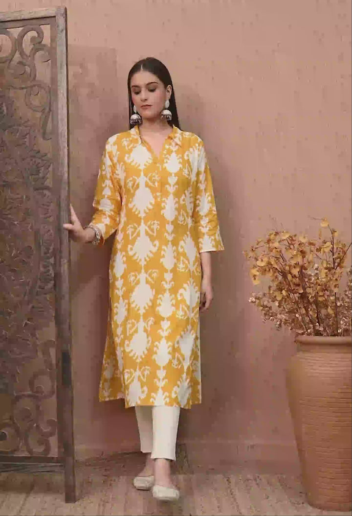 Yellow Ikkat Print cotton kurta