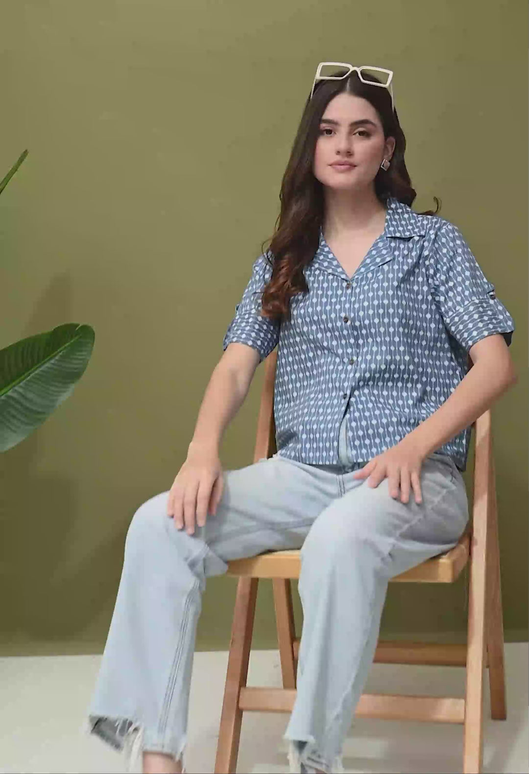 Blue Printed Cotton Shirt Style Crop Top