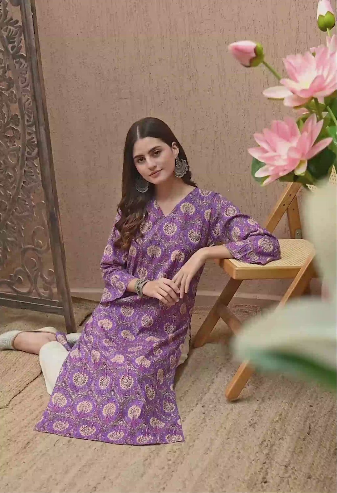 Purple Printed V-Neck Cotton Kurta