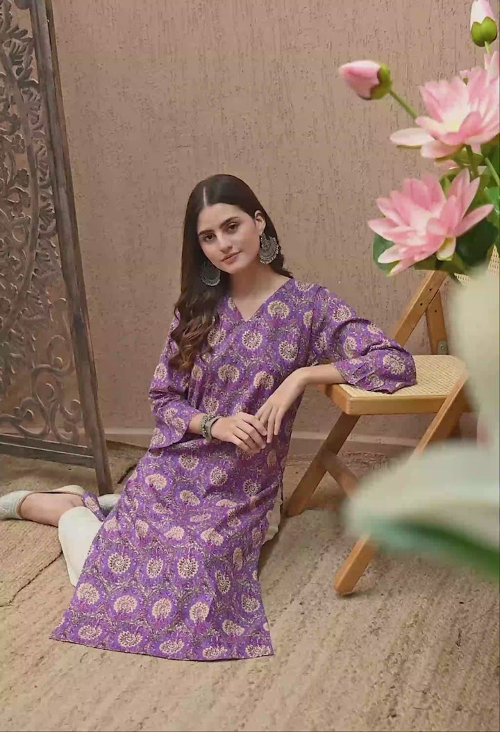 Purple Printed V-Neck Cotton Kurta