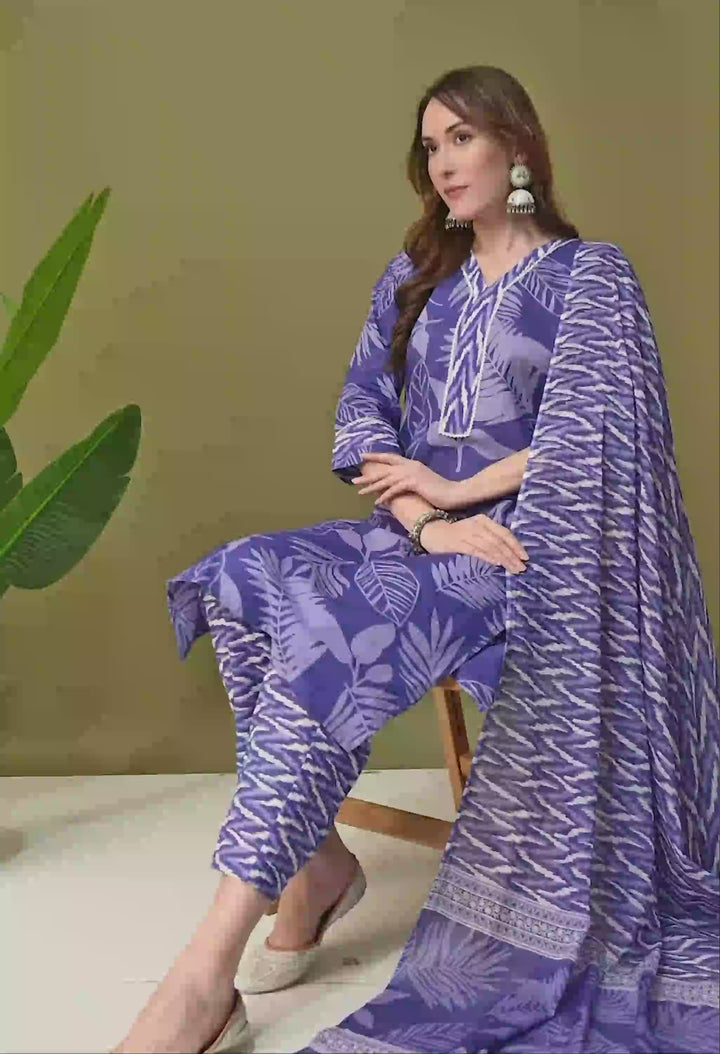 Purple Floral V-Neck Kurta Sets