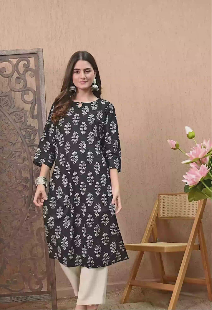 Black Floral Print Cotton Kurta