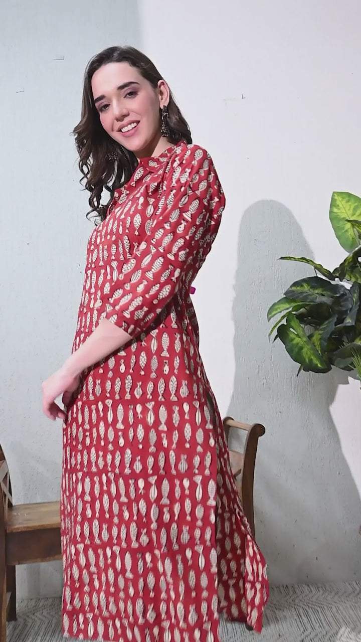 Maroon Block Print Pure Cotton Kurta