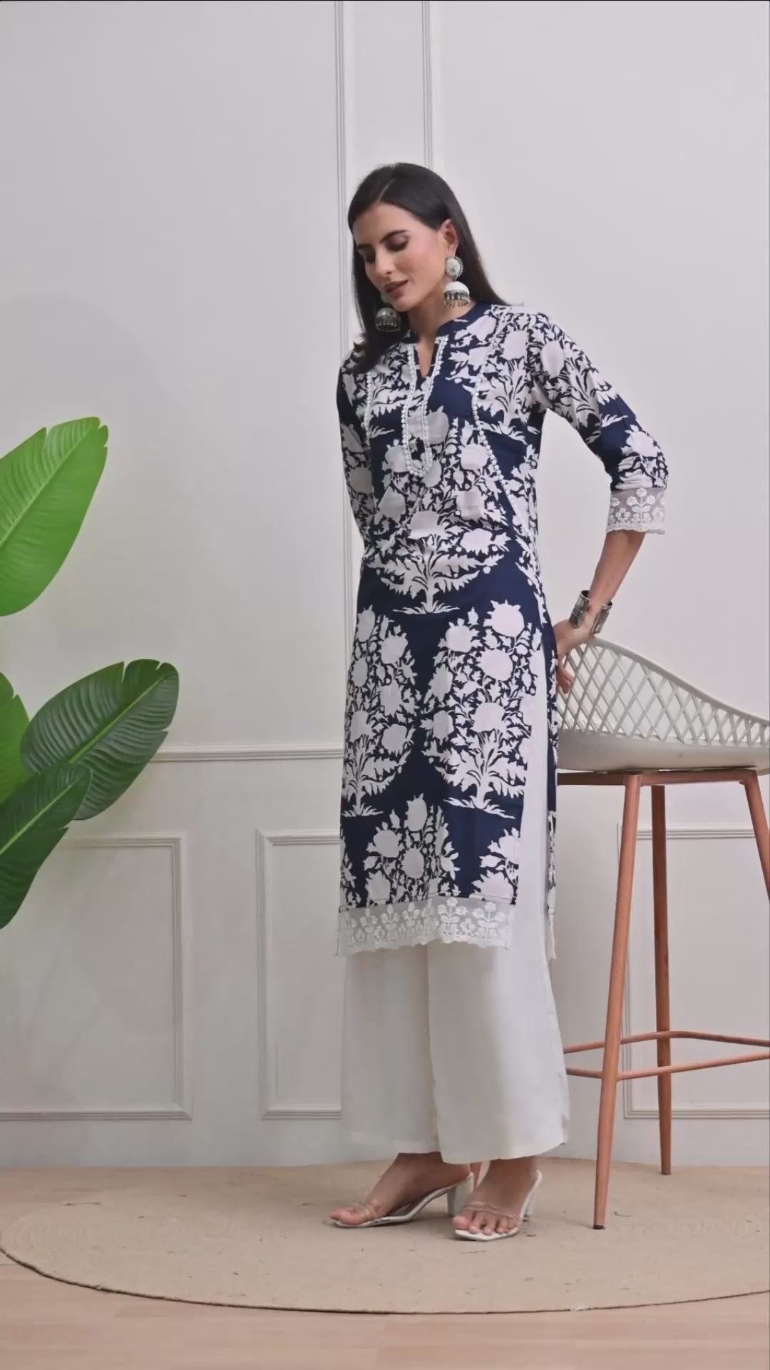 Deep Blue Printed Lace Details Kurta