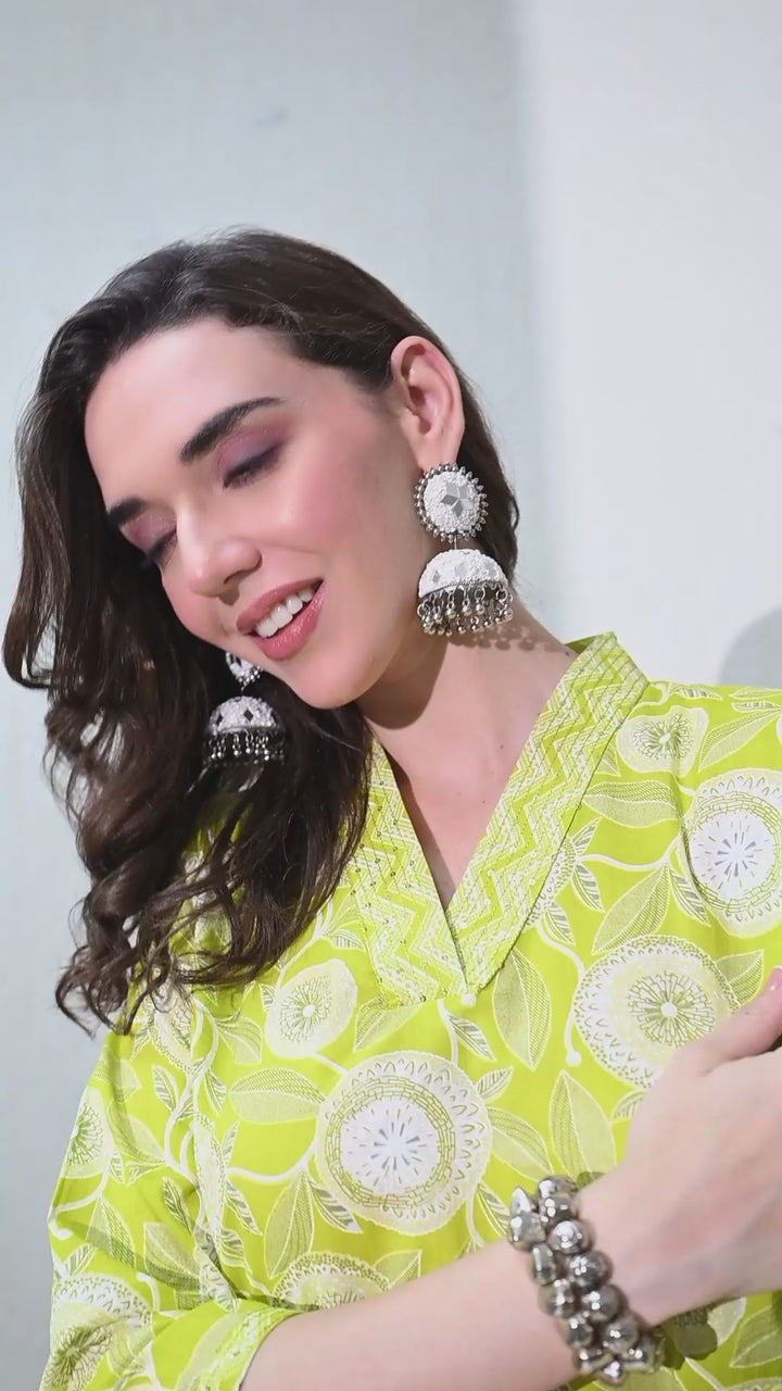 Light Green Floral Print Cotton Kurta